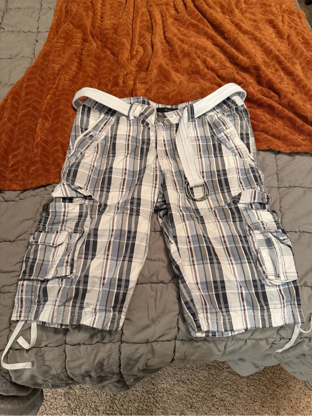 Fried Denim Mens 34 Plaid Cargo Shorts Y2K Baggy Utility Belt